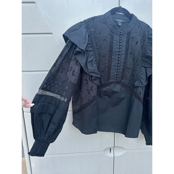 AllSaints Black Prim Broderie Eyelet Ruffled Bubble Sleeves Top Size 4 - Picture 7 of 15